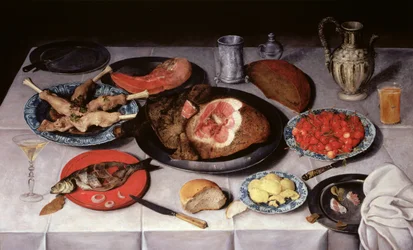 Frühstücksstück mit Fisch, Schinken und Kirschen, 1614