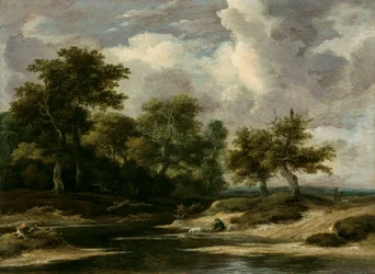 Eine bewaldete Flusslandschaft mit einem Reisenden und einem Hund