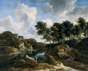 Flusslandschaft mit einer Burg auf einer hohen Klippe