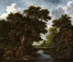 Bewaldete Landschaft mit Jägern und einem Fluss