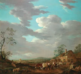 Landschap met figuren en vee bij een herberg