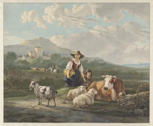 Eine Bäuerin und ein Junge bei Schafen und einer Kuh in einer Berglandschaft
