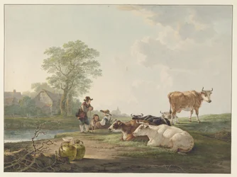 Landvolk bei ruhendem Vieh in einer holländischen Landschaft
