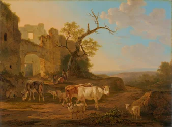 Landschaft mit Kühen nahe einer Ruine