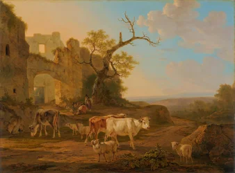 Landschaft mit Kühen nahe einer Ruine