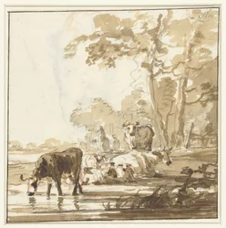 Ruhendes Vieh an einem Waldrand bei einem Teich