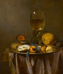 Stillleben mit einem Römer, einer Uhr, einer Auster und Obst