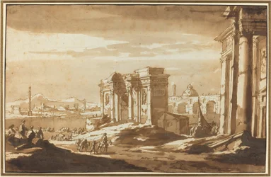 Eine Capriccio-Ansicht römischer Ruinen entlang des Tiber