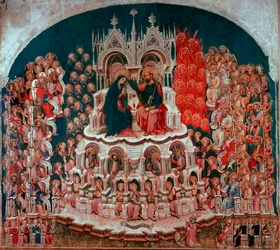 Die Krönung der Jungfrau im Paradies. Gemälde auf Holz von Jacobello del Fiore (1370-1439). 15. Jahrhundert. Galerie der Accademia Venedig