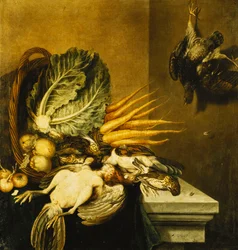 Ein umgestürzter Korb mit Geflügel, Rüben, Äpfeln, Zwiebeln und einem Kohl auf einem mit einem grünen Tuch drapierten Sims