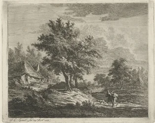 Landschaft mit Wanderern bei drei Bäumen