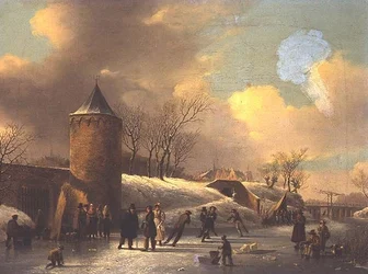 Schlittschuhläufer auf einem zugefrorenen Wasserweg bei einem Turm