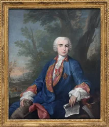 Der Sopran-Kastrat Carlo Broschi, genannt Farinelli (1705-1782). Der Sänger trägt die Medaille des Ordens von Calatrava, auf der Partitur, die er in der Hand hält, einige Takte der Oper Zenobia von Gaetano Latilia.