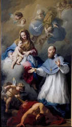 Jungfrau und Kind mit dem heiligen Franz von Sales (1567-1622), Bischof von Genf. Darstellung der Heiligen Dreifaltigkeit mit Jesus Christus, Gott und der Taube des Heiligen Geistes. Gemälde von Jacopo Amigoni (1675-1752), 1743, Venedig, Kirche Santa Maria
