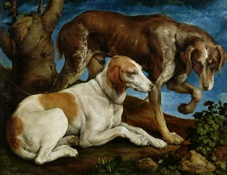 Zwei Jagdhunde an einen Baumstumpf gebunden, ca. 1548-50