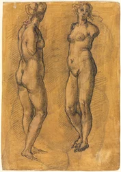 Kopie einer antiken Statue einer stehenden Frau (zwei Ansichten), über einer Skizze eines Putto