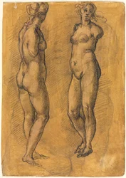 Kopie einer antiken Statue einer stehenden Frau, zwei Ansichten, über einer Skizze eines Putto, 1570er Jahre