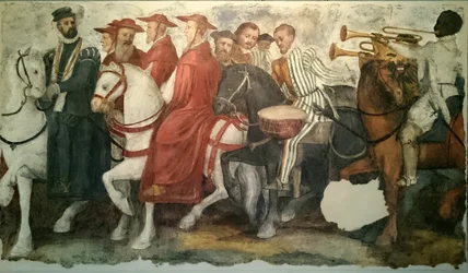 Der Ritt von Karl V. und Clemens VII.: Heinrich von Nassau mit dem Halsband des Goldenen Vlieses von Burgund, gefolgt von Bischöfen, Prälaten und Trompetern.