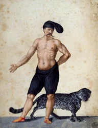 Junger afrikanischer Mann, vorne stehend, halb bekleidet, mit langer Berretta (Mütze) auf dem Kopf, mit Tiger hinter ihm, Zeichnung von Jacopo Ligozzi (1547-1627)