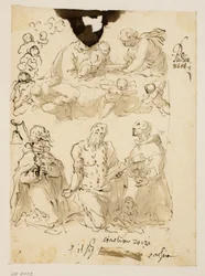 Die Heiligen Antonius, Hieronymus und Bernhard kniend, mit der Jungfrau und dem Jesuskind, umgeben von Engelkindern