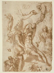Skizzen für eine Klage und eine Pietà, und von verschiedenen Figuren, Köpfen und einem Arm (recto); Skizzen des toten Christus und von verschiedenen Figuren und Köpfen (verso)