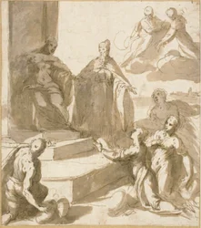 Studie für Venedig, das Huldigung und Geschenke von Brescia, Udine, Padua und Verona erhält, mit Doge Francesco Venier, der sie präsentiert