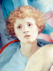 Gesicht eines jungen Mannes, Detail der Kreuzabnahme, von Jacopo da Pontormo (1494-1557)