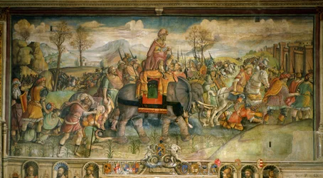 Fresko, das Hannibal bei seiner Ankunft in Italien darstellt. Von Jacopo Ripanda. Spätes 16. Jahrhundert. Palazzo des Conservatori, Rom - Hannibal überquert die Alpen, 218 v. Chr., von Jacopo Ripanda (aktiv um 1500-1516), um 1510, Fresko aus dem Konservato