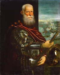 Sebastiano Venier mit der Schlacht von Lepanto im Hintergrund