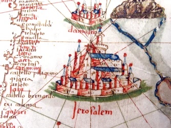 Detail mit Jerusalem und Damaskus aus einer Renaissancekarte Europas, nach Jacopo Russo, 1528