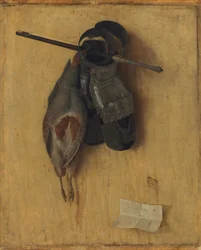 Totes Rebhuhn mit Eisenhandschuhen und Armbrustbolzen