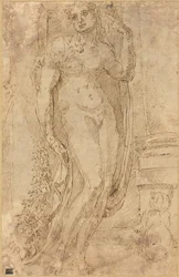 Allegorische Figur mit einer Katze und einem Schwein, um 1530