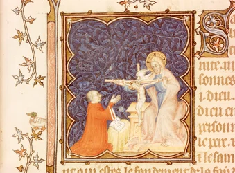 Jean de France (1340-1416), Herzog von Berry, betet vor dem gekreuzigten Jesus, aus Les Petites Heures de Duc de Berry, ca. 1385-90