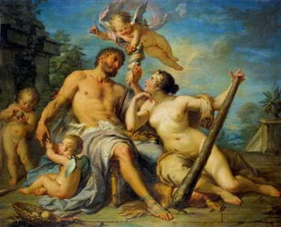 Herkules und Omphale (Herkules ist in Omphale verliebt, deren Sklave er ist) (Gemälde von Jacques Dumont, 1728)