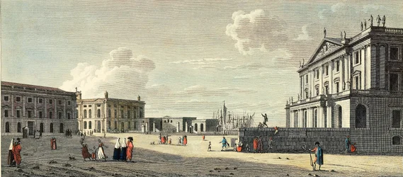 Die Llotja (ehemalige Börse), der Palast des Generalkapitäns der Zollbehörde und das Seetor von Barcelona (Gravur)