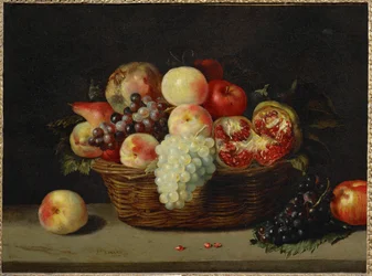 Korb mit Granatapfel, Pfirsichen und Trauben