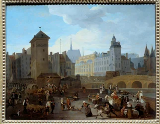 Französische Revolution: Blick auf die Brücke und die Pumpe Notre-Dame in Paris