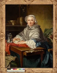 Madame Brion, sitzend, beim Tee