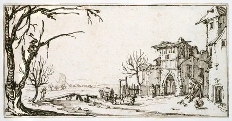 Ein Heuwagen wird zum mittelalterlichen Tor eines Dorfes gebracht, ein Mann schneidet einen Ast ab, aus einem Album von Israel Silvestre, ca. 1630