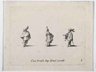 Eine Dame mit hochgezogenem Rock und zwei Kavaliere, aus Les Fantaisies de Noble J. Callot