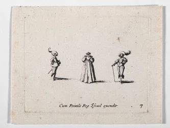 Eine Dame mit reich gefaltetem Kleid, von hinten gesehen, und zwei Kavaliere, aus Les Fantaisies de Noble J. Callot (Gravur)