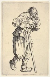 Bärtiger, in Lumpen gekleideter Mann, der mit einer Hand seinen Kopf und mit der anderen einen Spazierstock hält, aus „Die Bettler“ (Les Gueux)