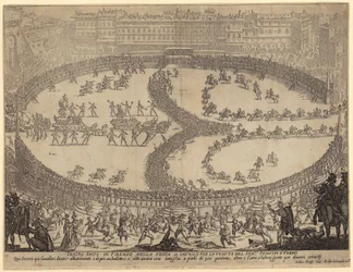 Einzug der Wagen und Parade der Infanterie und Kavallerie auf der Piazza Santa Croce in Florenz zu Ehren des Prinzen von Urbino, Blatt 6 der Folge "Krieg der Schönheit"