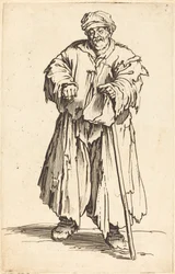 Dicker Bettler mit gesenktem Blick