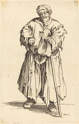 Dicker Bettler mit gesenktem Blick