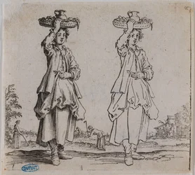 Verschiedene Figuren, Die Bäuerin von vorne mit einem Korb auf dem Kopf. Sechste Nummer einer Serie von 16 Stücken