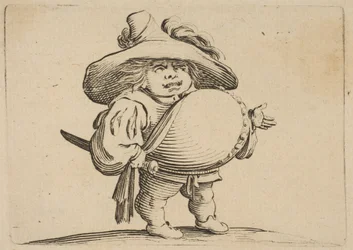 Der Mann mit dem großen Bauch, verziert mit einer Reihe von Knöpfen