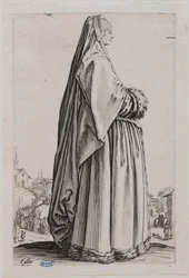 Der Adel, die Dame mit einem großen Schleier und einem pelzbesetzten Kleid. Fünftes Blatt einer Folge von 12 Blättern (Lieure 553, Meaume 679)