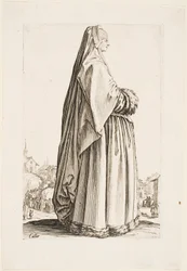 Dame in einem langen Schleier und einem Pelzbesetzten Kleid, aus der Serie „Der Adel von Lothringen“