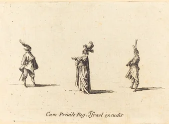 Dame mit Federhut und zwei Herren